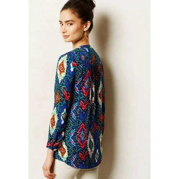 Maeve Anthropologie Topoxte Geometric Ikat Button Front Blouse Shirt Size 0 Blue - Picture 2 of 13